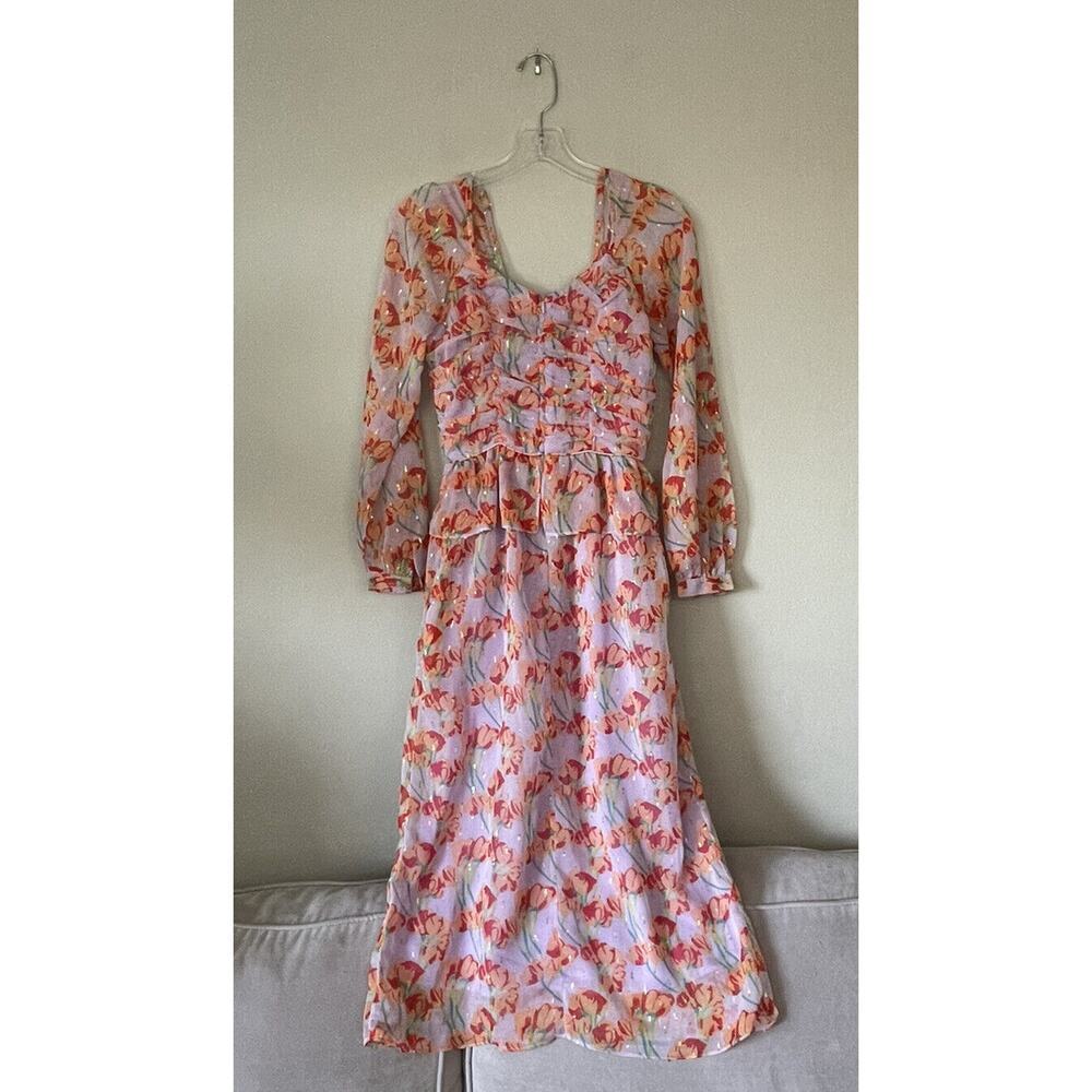 BURU Lavender Floral Print MIDI Peplum Dress‎ Metallic Cottage XS Front To Back